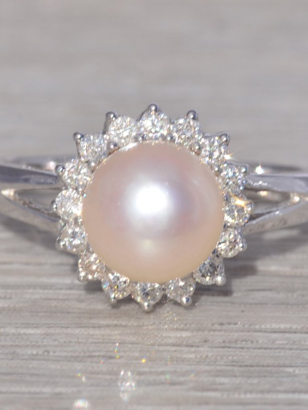 Vintage Pearl & Diamond Ring in 14k White Gold